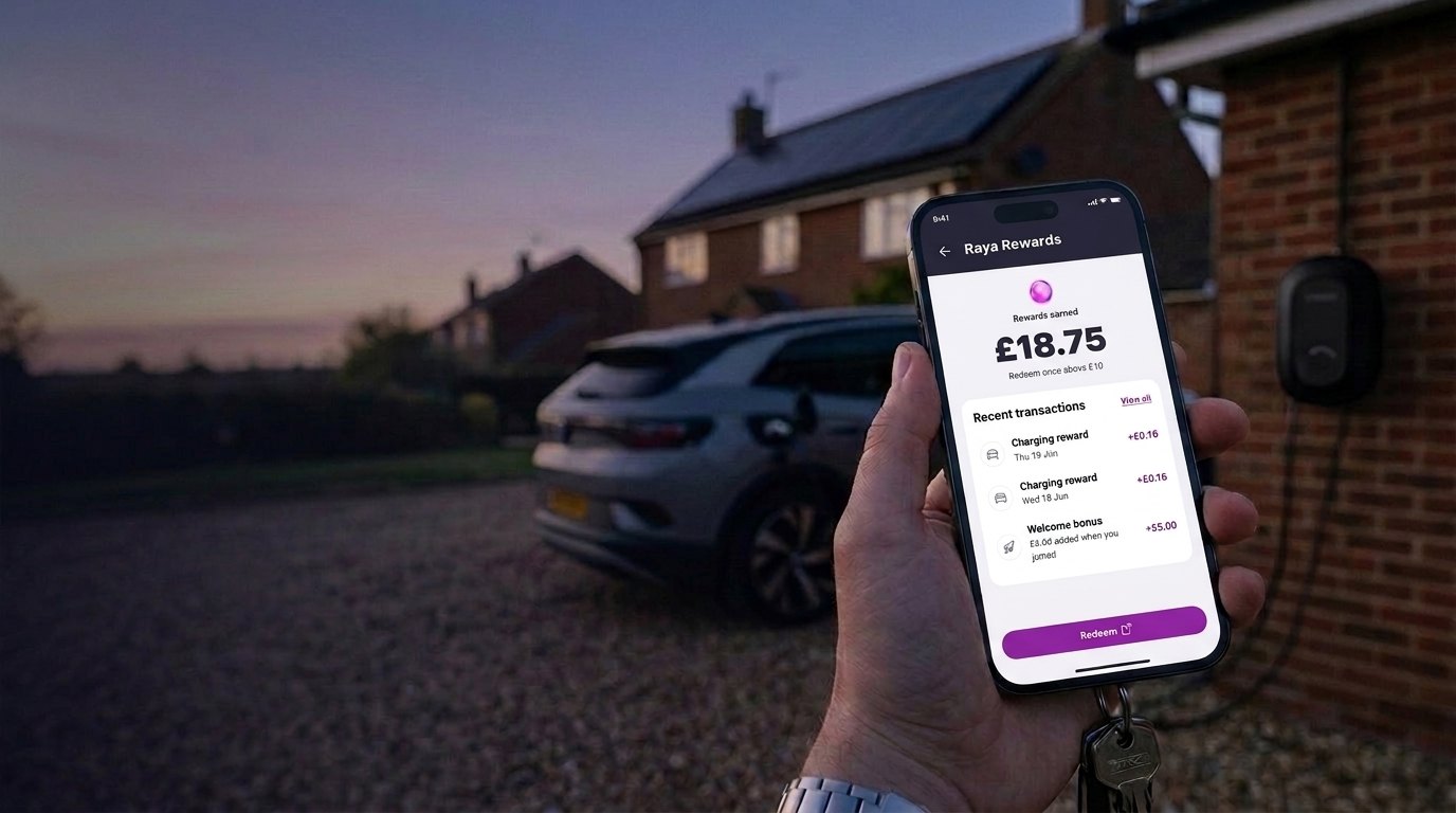 A hand holding a phone showing the Raya Rewards balance on a driveway at dusk, with an electric car charging beside a home charge point